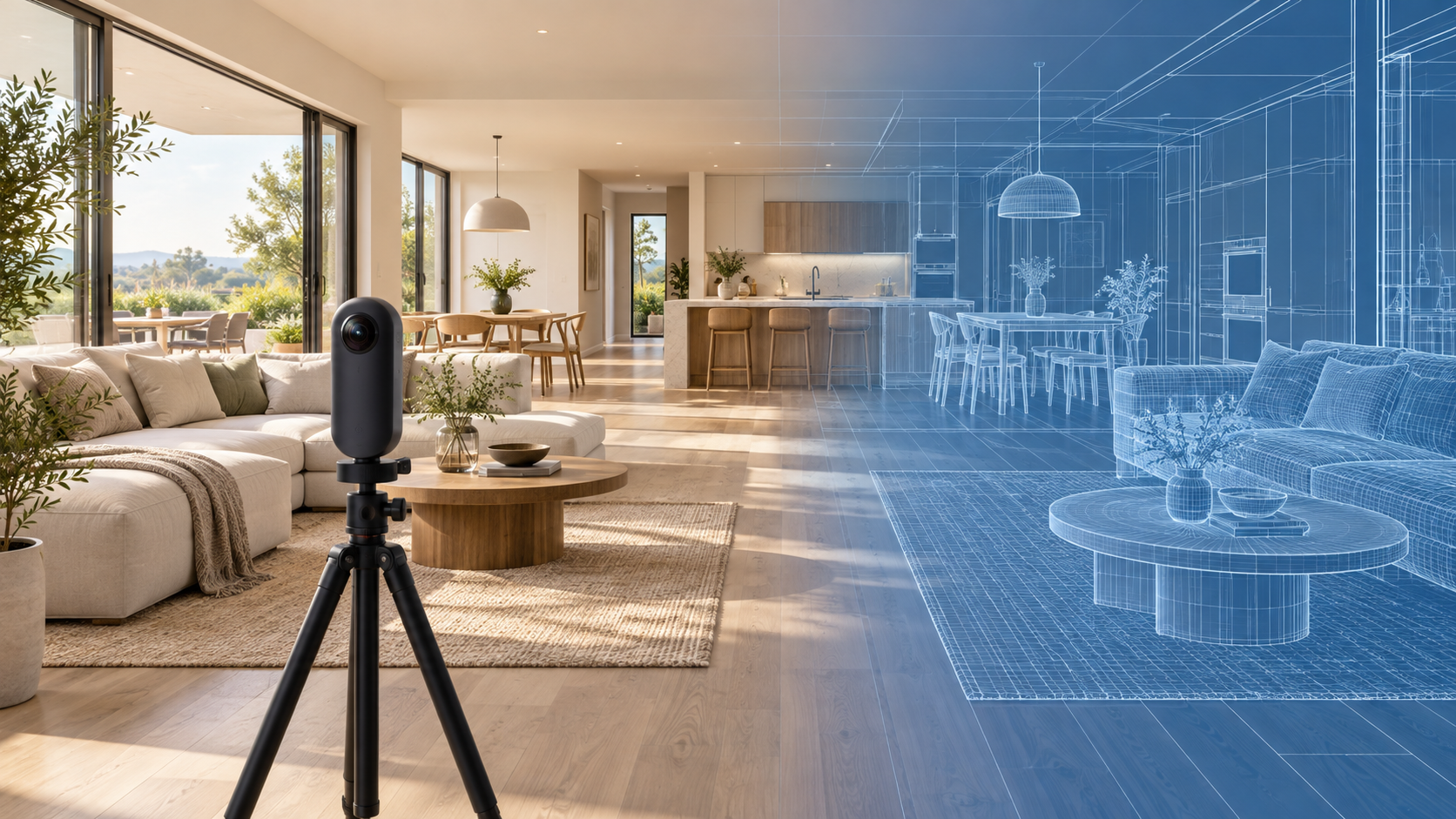 A modern interior blending into an architectural wireframe beside a 360 camera